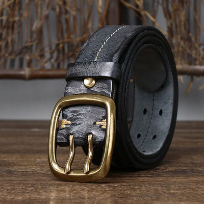 3.8cm Pure Cowskin Genuine Leather Belt Men Brass Copper Double Needle Pin Buckle Luxury Thick Retro Men's Jeans Military Belt