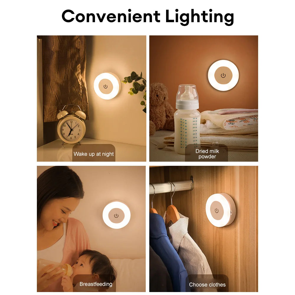 Mini LED Touch Sensor Night Lights USB Rechargeable Kitchen Bedroom Magnetic Base Wall Light Round Portable Dimming Night Lamp