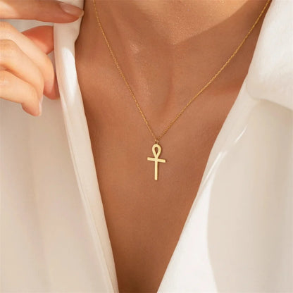 Vintage Stainless Steel Egyptian Ankh Amulet Necklace Cross Pendant Female Religious Collar Chain Fashion Jewelry for Women