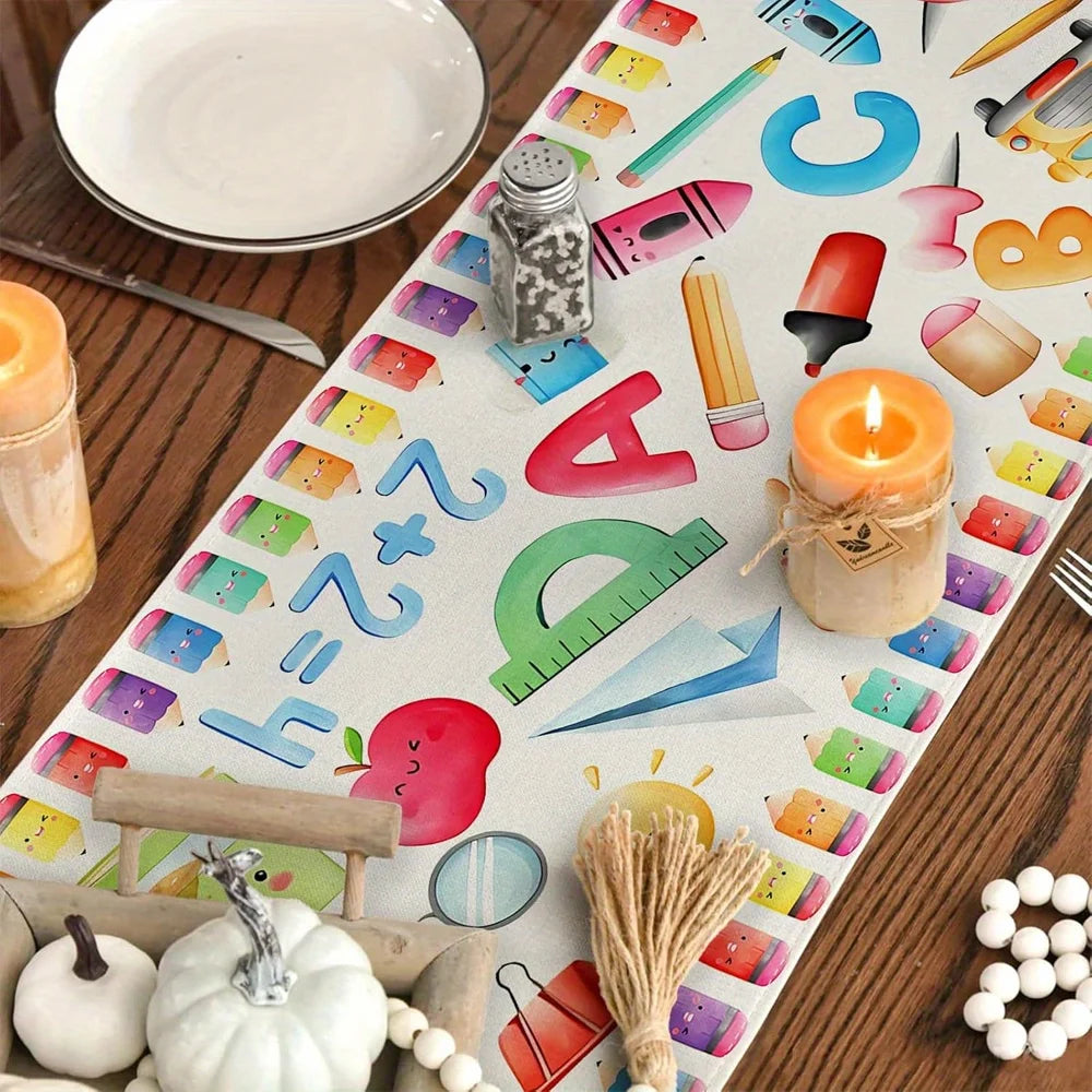 1 Piece Back-To-School Theme Table Runner with Interesting Stationery Pattern, Suitable for Classroom Decoration, School Theme Party, Back-To-School Celebration Activities