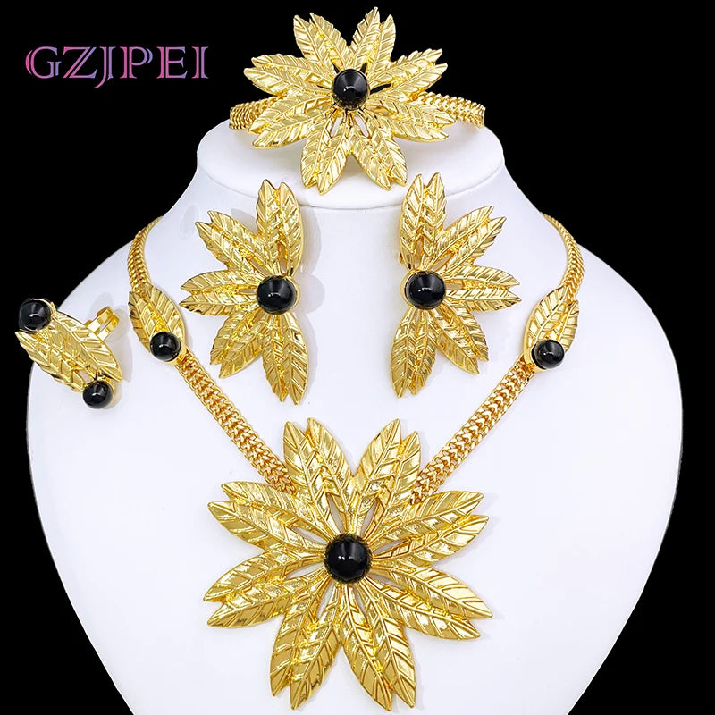 Women Jewelry Set African Nigeria Bold Jewelry 18K Gold Plated Plant Leaves Necklace Earring Bracelet Ring Imitation Pearls