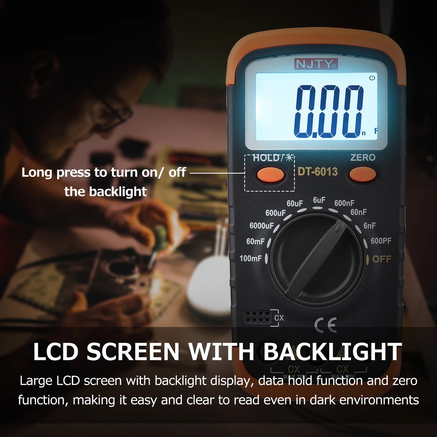 Digital Capacitance Meter with LCD Backlight Display High Accuracy 6000 Counts Capacitor Tester Kit with Crocodile Clips