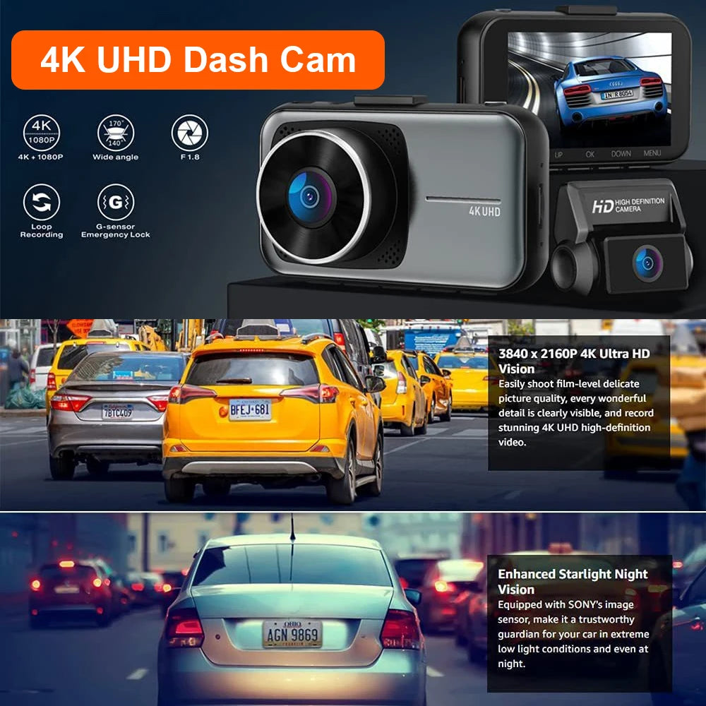 Dual Lens Dash Cam 4K HD 1080P WiFi Car DVR Front/Rear Video Recorder G-sensor Camera Night Vision Parking Monitoring Recorder