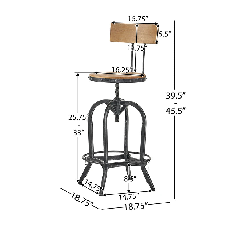 Barstool with Fir Wood Seat – Durable Iron Legs, Black Brushed Silver Legs, Retro Den Comfortable Footrest, Bar chair, bar stool