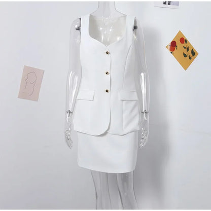 Chic Skirts Sets Women's Sleeveless Single Breasted Top High Waist Skirt Suit 2024 Spring Summer Office Ladies Commuter Outfit