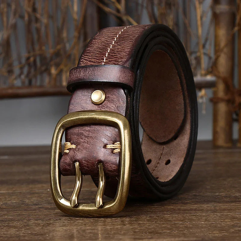 3.8cm Pure Cowskin Genuine Leather Belt Men Brass Copper Double Needle Pin Buckle Luxury Thick Retro Men's Jeans Military Belt