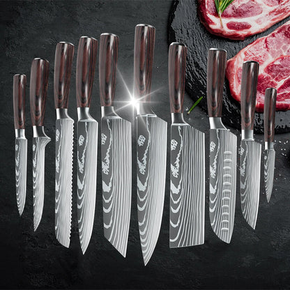 1-10PCS Chef knife Japanese Kitchen Knives Set Professional Laser Damascus Pattern Stainless Steel Meat Cleaver Slicer Knife