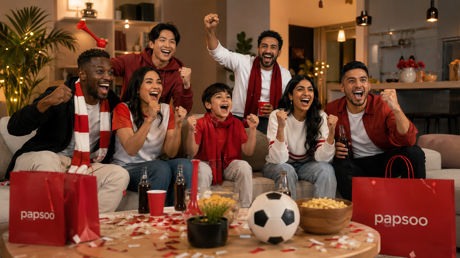 A diverse group celebrating soccer season at home with snacks and Papsoo shopping bags