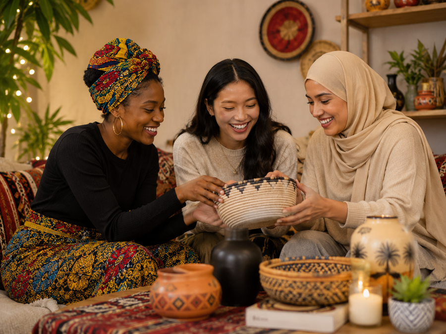 Women from different cultural backgrounds admiring handcrafted goods