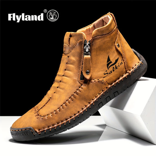 Comfortable Wear-resistant FLYLAND Men's Ankle Boots Vintage Style Non-slip Stitch Boots for Hiking Trekking Climbing Outdoor Shoes