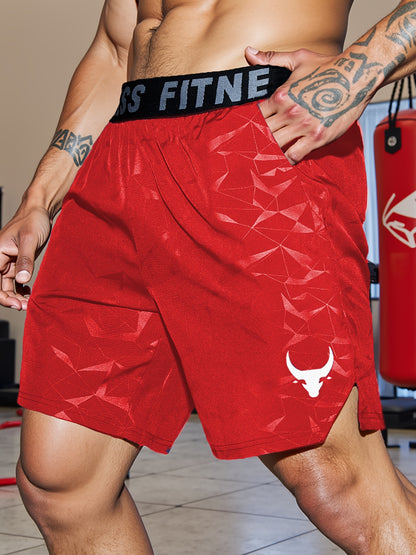 Men's "S's FINE" Athletic Shorts - Gray, Quick-Dry Polyester with Geometric Pattern, Elastic Waistband, Ideal for Running & Workouts, Machine Washable
